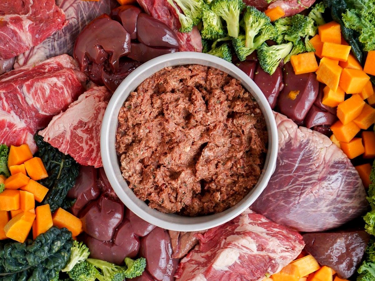 Raw pet food ingredients arranged around a bowl